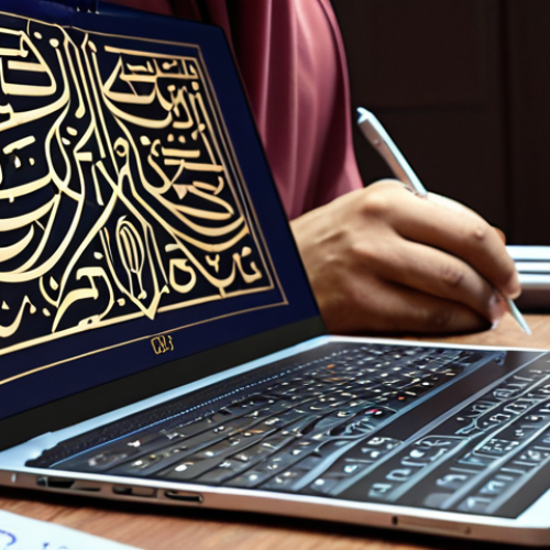 Home 4 **"A skilled Arab artist using Qiskit on a modern laptop, designing a quantum circuit with elegant Arabic calligraphy elements, representing the fusion of quantum computing and Arab culture."**