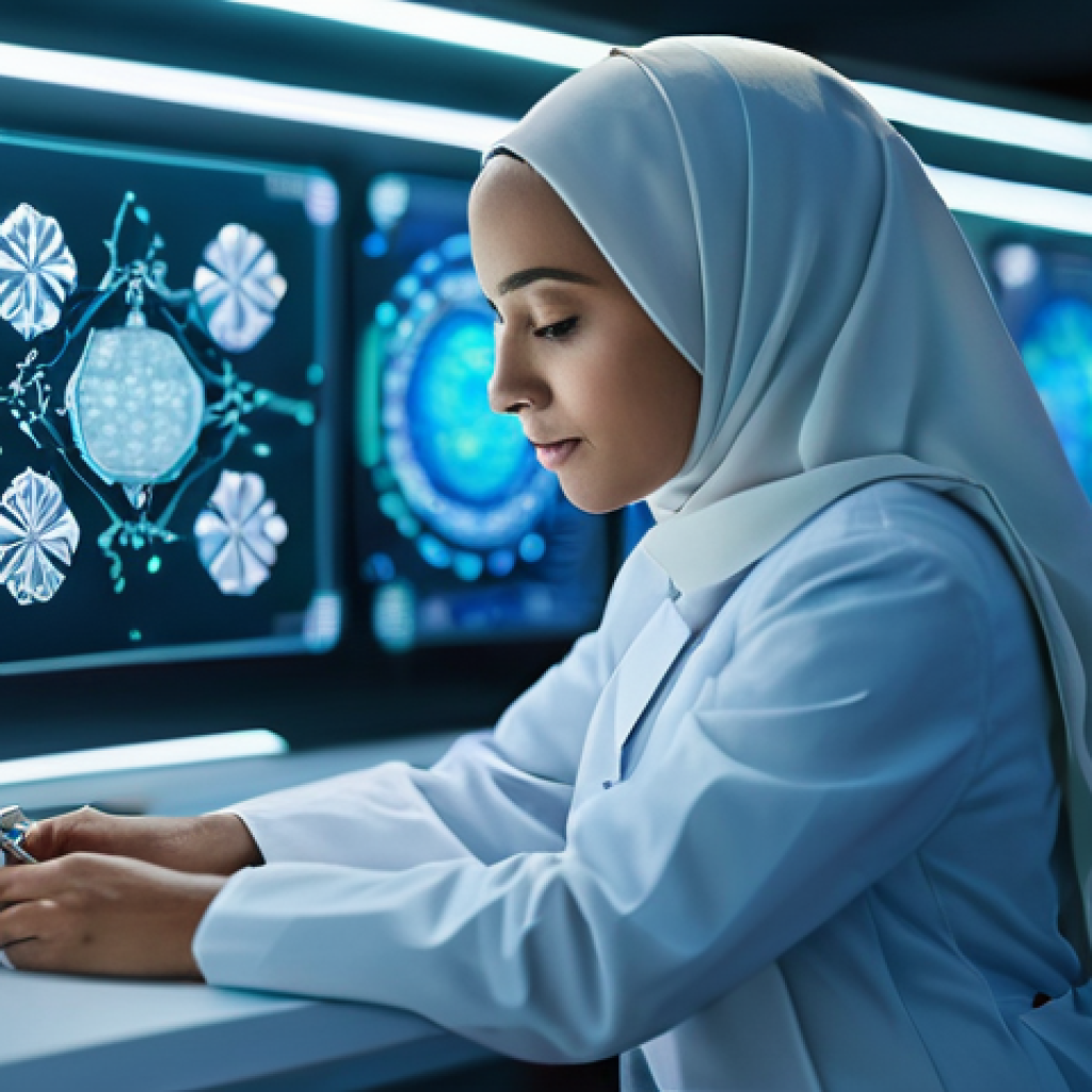 양자 컴퓨터를 통한 빅데이터 분석 - **Medical & Drug Discovery (Left Panel):** A focused female scientist (possibly wearing a hijab or l...