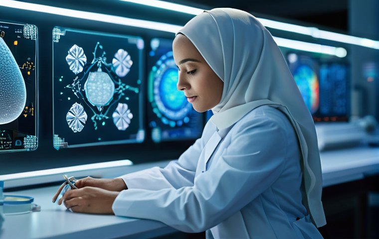 양자 컴퓨터를 통한 빅데이터 분석 - **Medical & Drug Discovery (Left Panel):** A focused female scientist (possibly wearing a hijab or l...