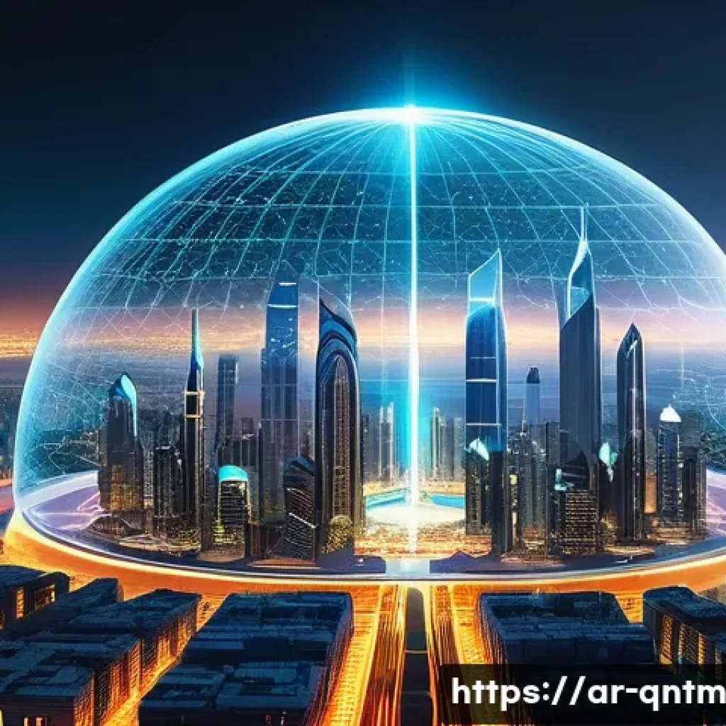 양자 컴퓨터를 통한 차세대 통신 기술 - **Quantum Security Shield Over a Futuristic Metropolis** Generate an image depicting a vibrant, ...
