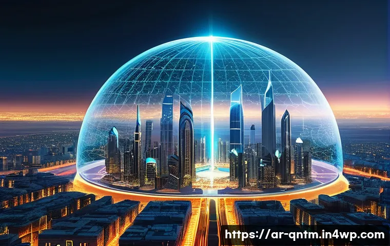 양자 컴퓨터를 통한 차세대 통신 기술 - **Quantum Security Shield Over a Futuristic Metropolis** Generate an image depicting a vibrant, ...