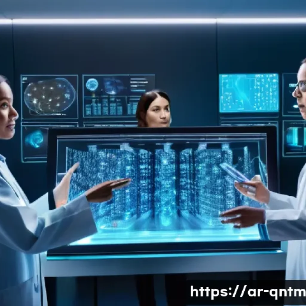 양자 알고리즘의 다차원 적용 분야 - **Prompt:** A group of diverse scientists, both male and female, in a sleek, futuristic research lab...