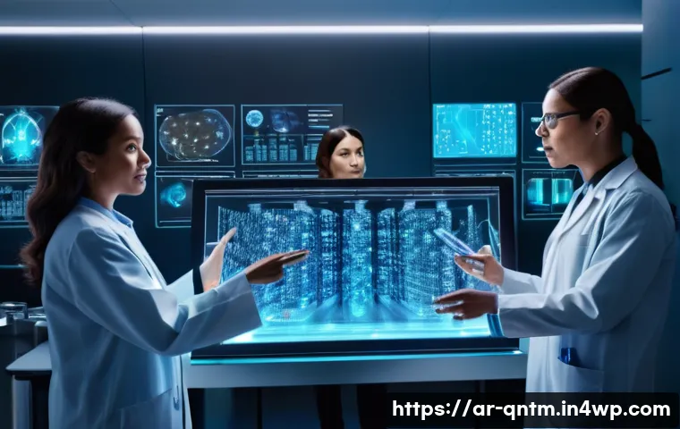 양자 알고리즘의 다차원 적용 분야 - **Prompt:** A group of diverse scientists, both male and female, in a sleek, futuristic research lab...