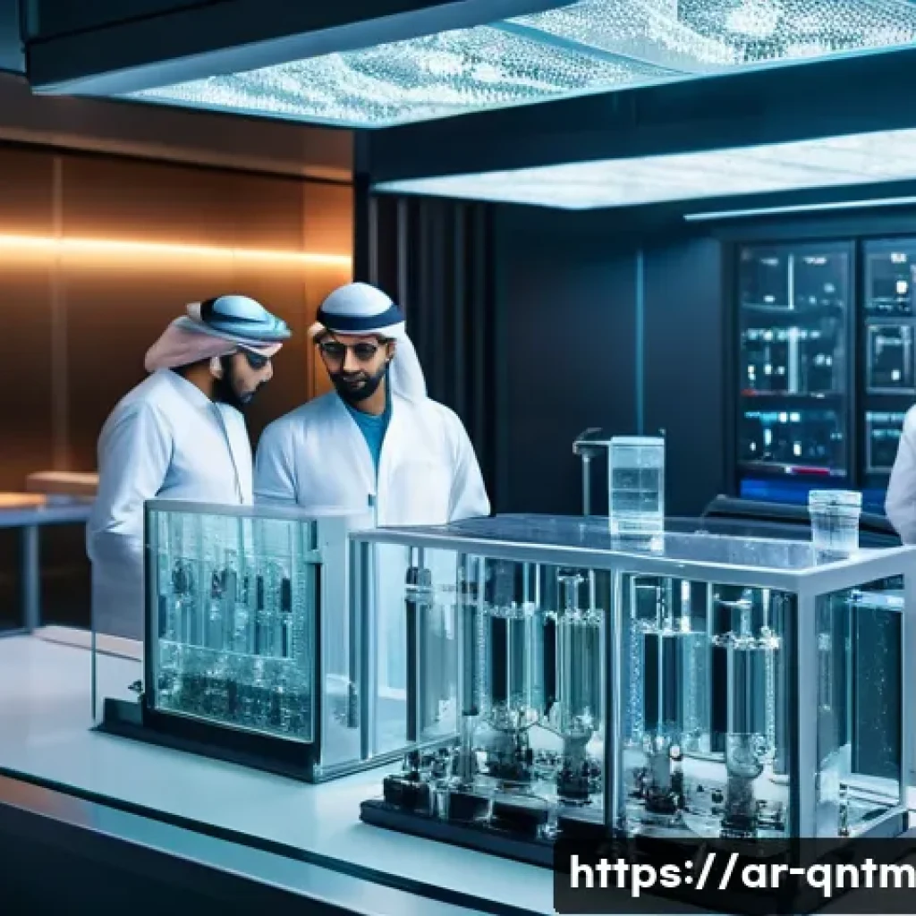 양자 시뮬레이션의 과학적 응용 - A highly detailed laboratory scene depicting an advanced quantum computing setup in a Middle Eastern...