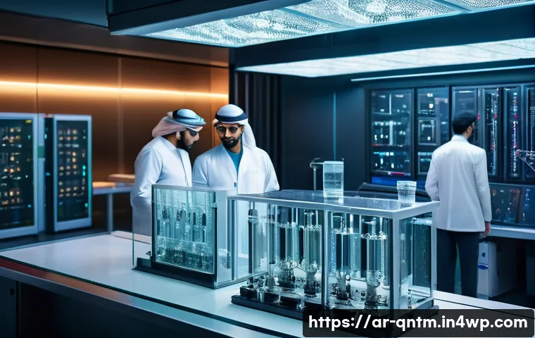 양자 시뮬레이션의 과학적 응용 - A highly detailed laboratory scene depicting an advanced quantum computing setup in a Middle Eastern...