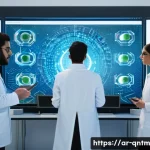 양자 컴퓨터의 실용적 활용 사례 - A high-tech laboratory scene showcasing Arab scientists in modern lab coats and modest attire workin...