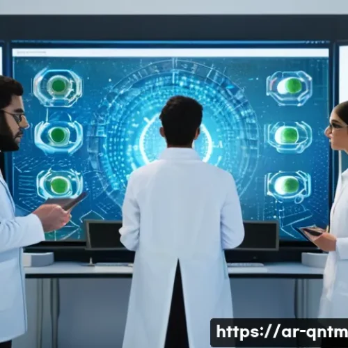 양자 컴퓨터의 실용적 활용 사례 - A high-tech laboratory scene showcasing Arab scientists in modern lab coats and modest attire workin...