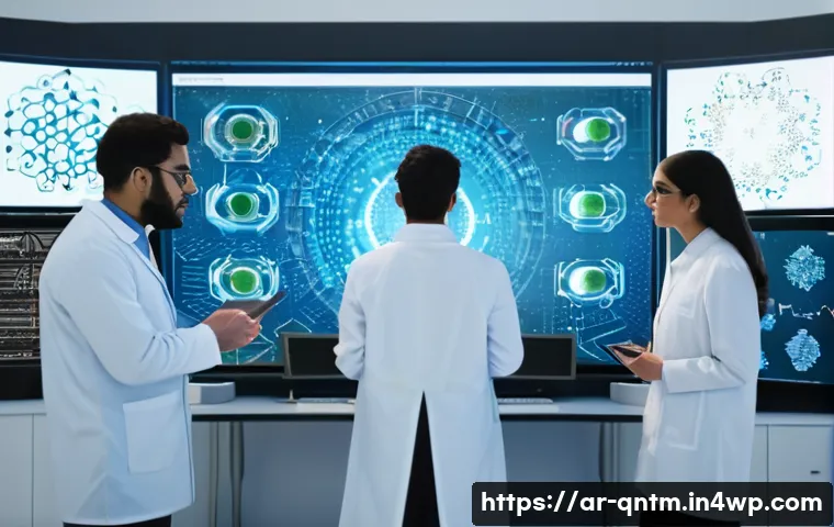 양자 컴퓨터의 실용적 활용 사례 - A high-tech laboratory scene showcasing Arab scientists in modern lab coats and modest attire workin...