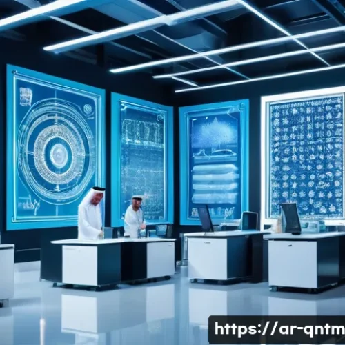양자 컴퓨터와 자동화 기술의 접목 - A futuristic high-tech laboratory in the Middle East setting, featuring Arab scientists wearing mode...