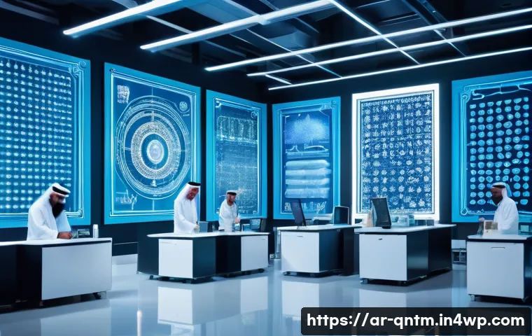 양자 컴퓨터와 자동화 기술의 접목 - A futuristic high-tech laboratory in the Middle East setting, featuring Arab scientists wearing mode...