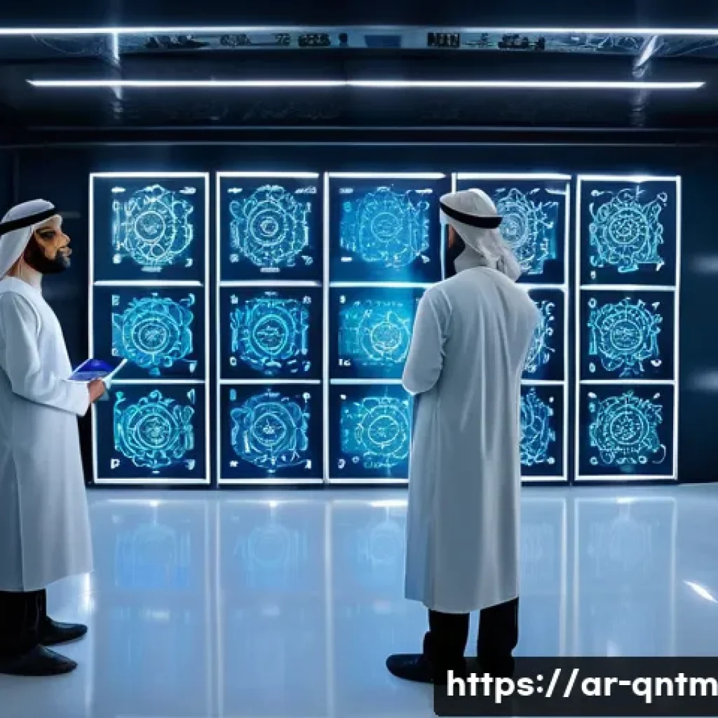 양자 컴퓨팅의 지속 가능성에 대한 논의 - A high-tech quantum computing laboratory in a Middle Eastern city, featuring advanced cooling system...