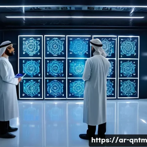 양자 컴퓨팅의 지속 가능성에 대한 논의 - A high-tech quantum computing laboratory in a Middle Eastern city, featuring advanced cooling system...