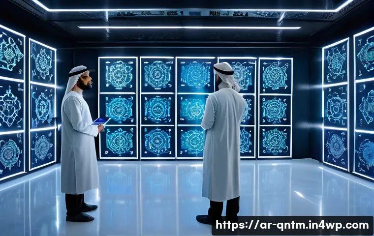 양자 컴퓨팅의 지속 가능성에 대한 논의 - A high-tech quantum computing laboratory in a Middle Eastern city, featuring advanced cooling system...
