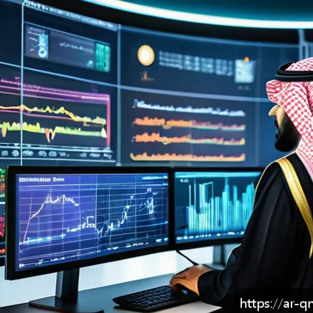 양자 컴퓨터의 다양한 응용 가능성에 대한 논의 - A sophisticated Middle Eastern financial analyst working in a high-tech office with large digital sc...