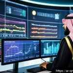 양자 컴퓨터의 다양한 응용 가능성에 대한 논의 - A sophisticated Middle Eastern financial analyst working in a high-tech office with large digital sc...
