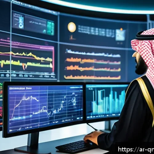 양자 컴퓨터의 다양한 응용 가능성에 대한 논의 - A sophisticated Middle Eastern financial analyst working in a high-tech office with large digital sc...