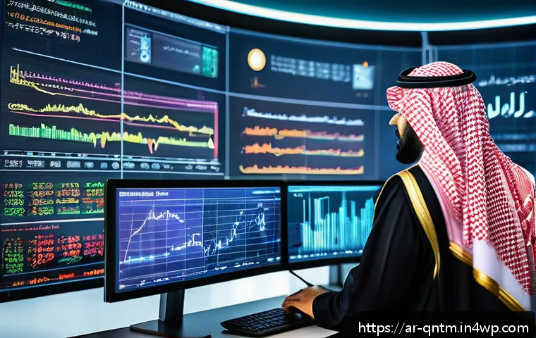 양자 컴퓨터의 다양한 응용 가능성에 대한 논의 - A sophisticated Middle Eastern financial analyst working in a high-tech office with large digital sc...