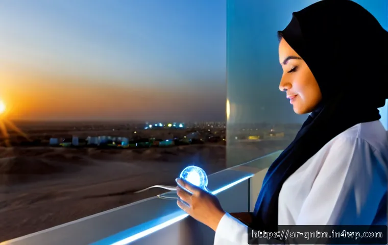 양자 네트워킹의 응용 가능성 - Photorealistic modern quantum networking research laboratory in a Gulf Arab city, Arab female scient...