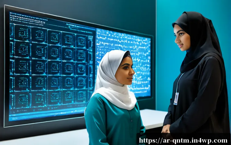 양자 컴퓨팅의 보안 프로토콜 - Photorealistic quantum computing security laboratory in a modern Gulf-region research center, Arab f...