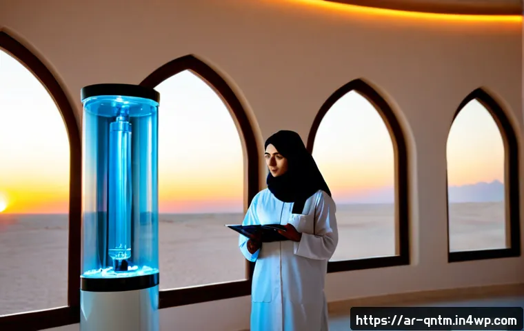 양자 알고리즘을 통한 최적화 연구 - Photorealistic quantum optimization research lab in a modern Arab technology institute, Arab female ...